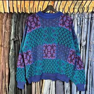 Vintage 70s Multi-Color Abstract Geometric Knit Sweater - XL